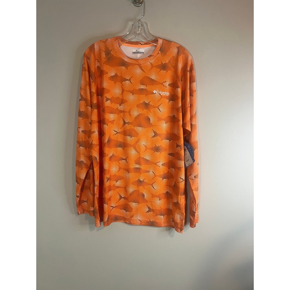 Columbia‎ PFG Super Terminal Tackle Long Sleeve Shirt Orange Fish Print FM1091 M